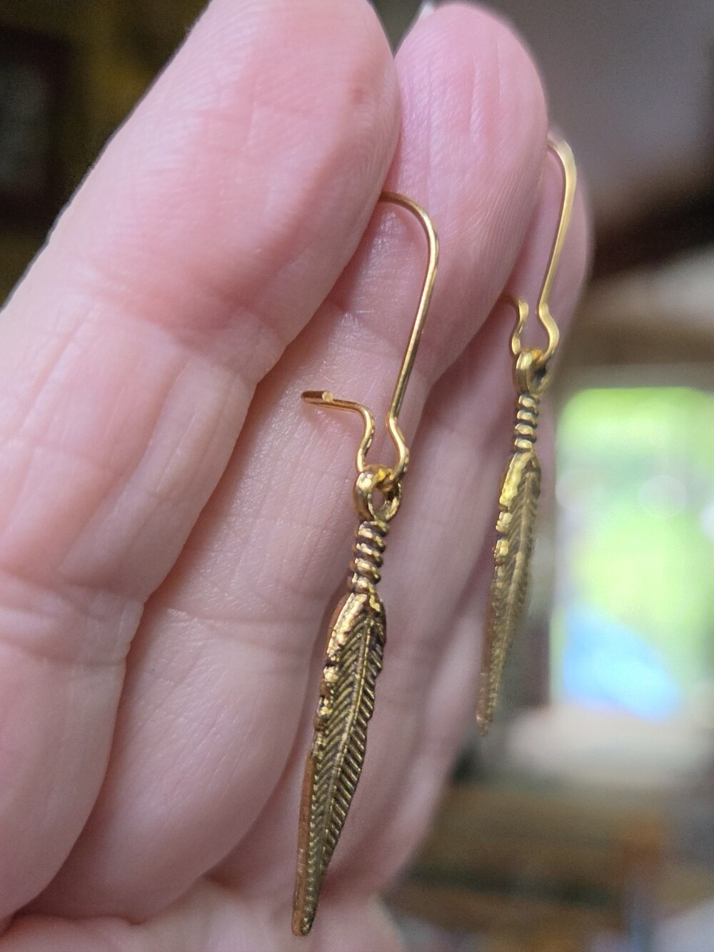 Gold Feather Drop Earrings - Picture 4 of 7
